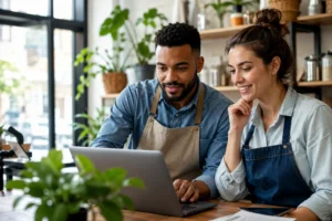 Small business owners reviewing account details together while managing Google Business Profile verification for their local business listing.
