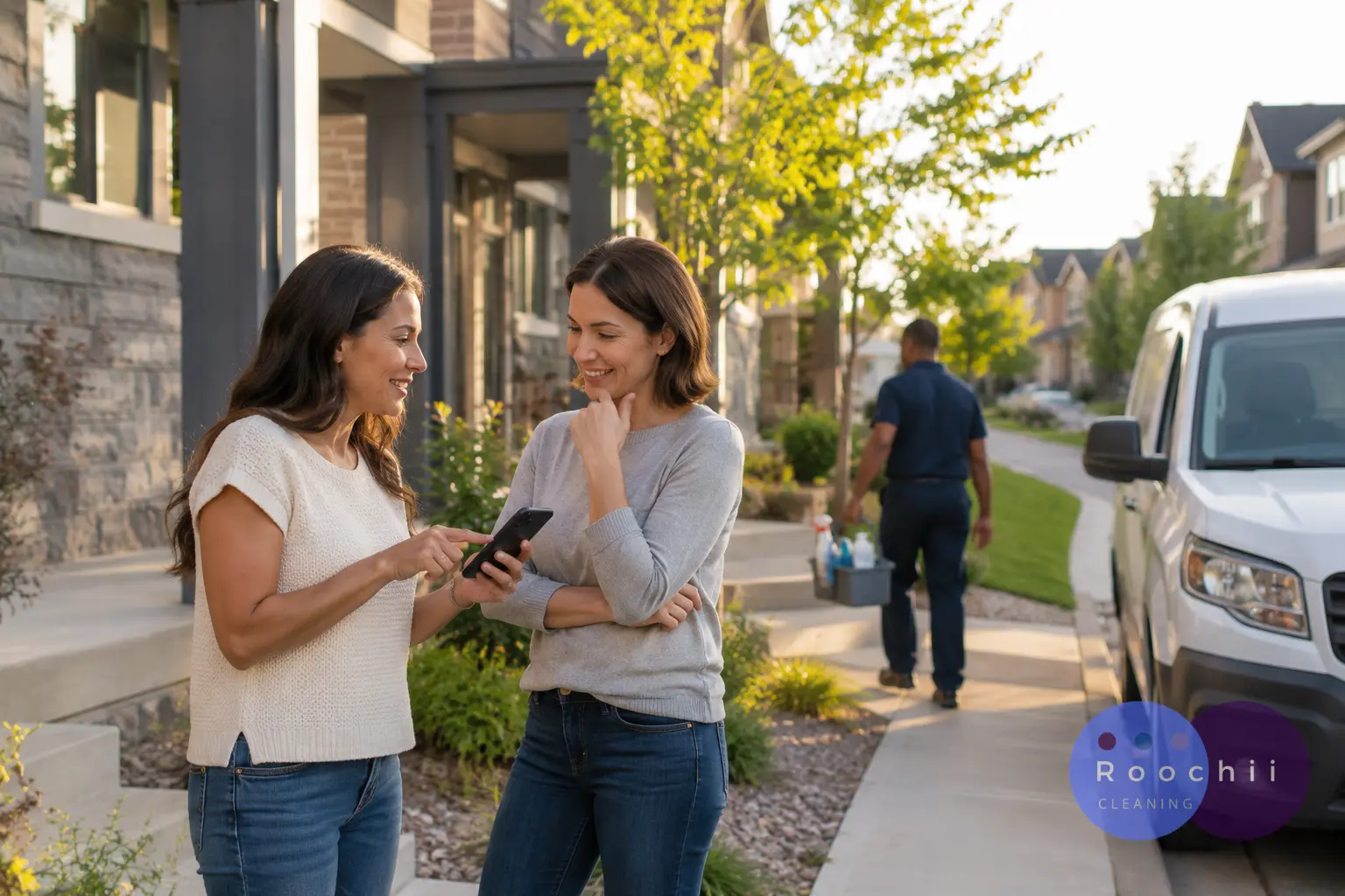 Nextdoor Neighborhood Faves Denver Cleaning: What Homeowners Should Know 1 Homeowner researching a cleaning company online while professional cleaners work inside the home, reflecting nextdoor neighborhood faves denver cleaning and trust-based hiring decisions.