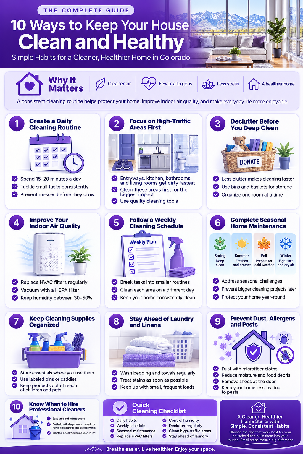 Infographic summarizing 10 practical ways to keep your house clean in Colorado, including daily cleaning habits, dust control, entryway maintenance, and seasonal home care tips.