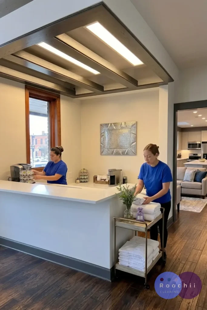 Professional team preparing guest amenities during best Airbnb cleaning services Denver turnover cleaning service