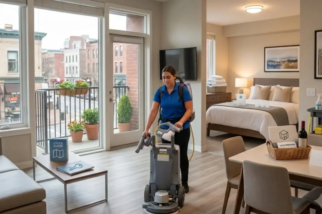 Professional cleaner performing vacation rental turnover service for best Airbnb cleaning services Denver property owners trust