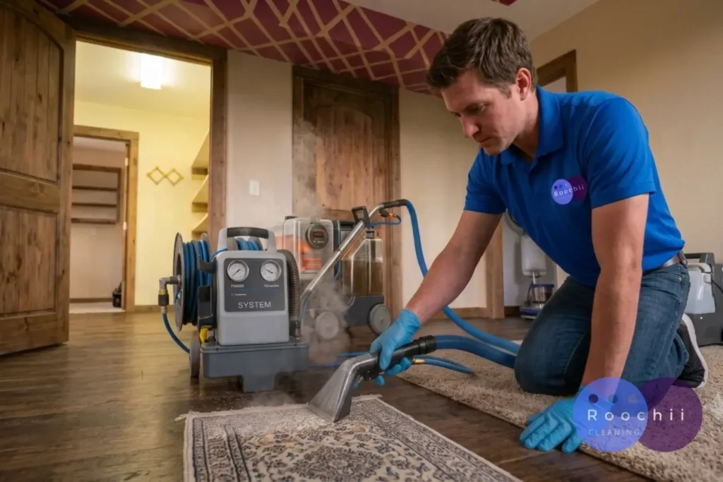 Technician performing detailed area rug cleaning with professional extraction equipment as part of the best carpet cleaning services Denver homeowners trust