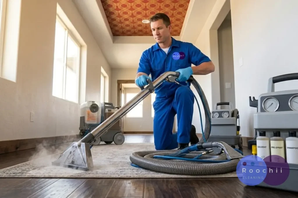 Technician performing hot water extraction on an area rug using professional equipment from the best carpet cleaning services in Denver