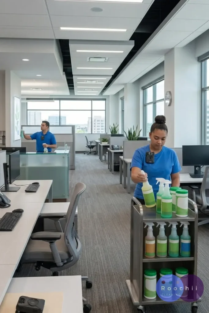 Professional cleaning team using eco-friendly cleaning products while maintaining office workspaces, showcasing environmentally responsible solutions offered by the best commercial cleaning services in Denver for healthier business environments.