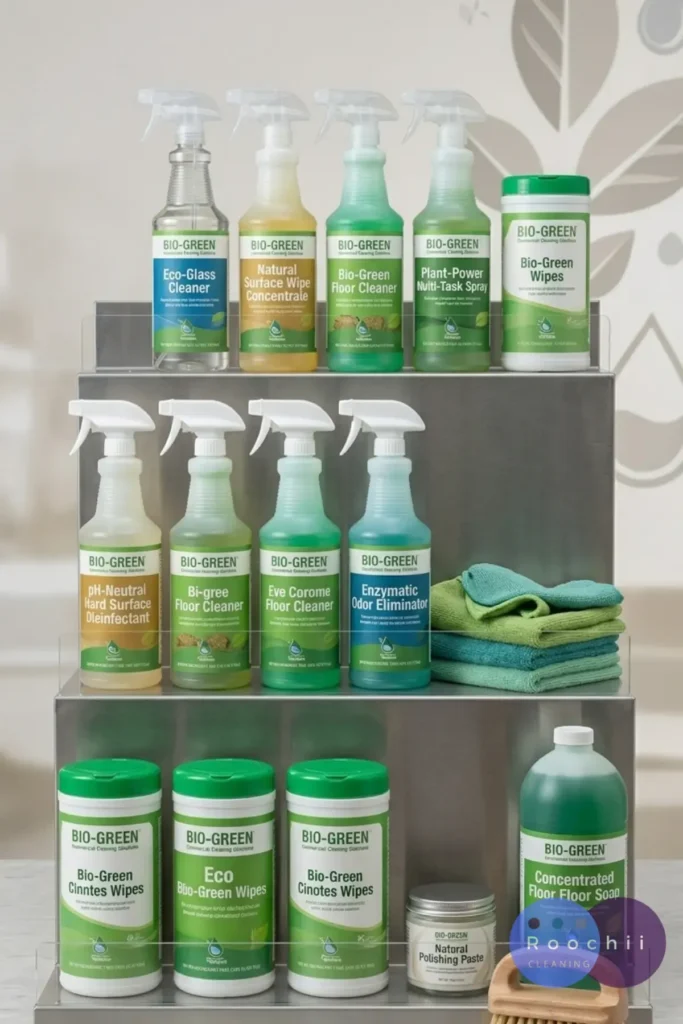 Professional eco-friendly cleaning products used by the best commercial cleaning services in Denver to maintain cleaner work environments using safer, low-residue commercial cleaning solutions for offices and business facilities.