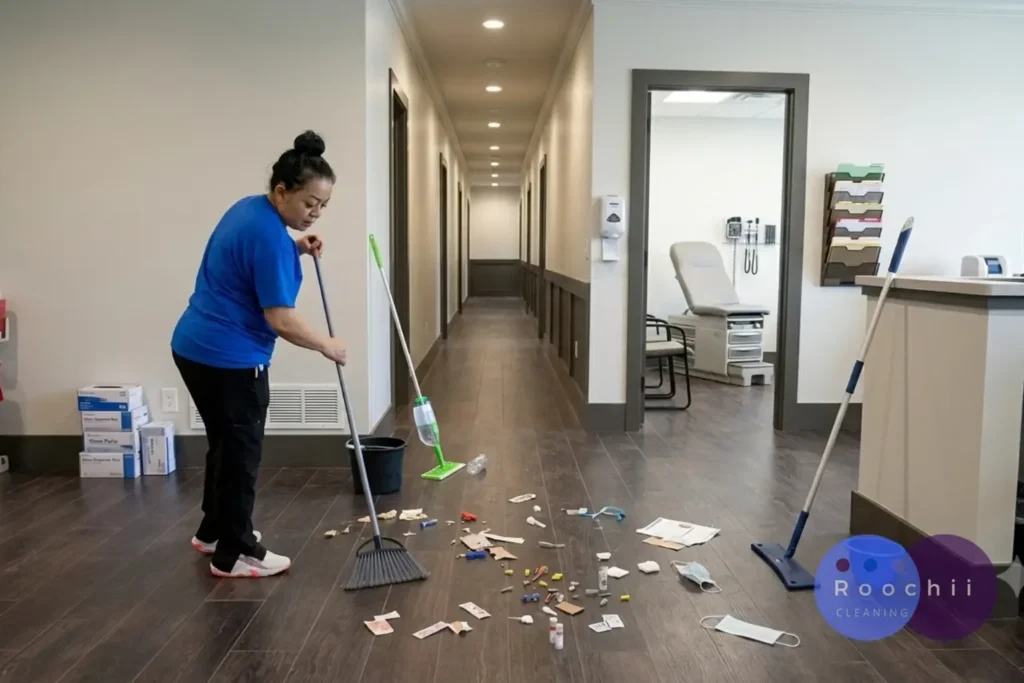 Professional cleaners performing medical clinic cleaning as part of best commercial cleaning services in Denver for healthcare facility maintenance.