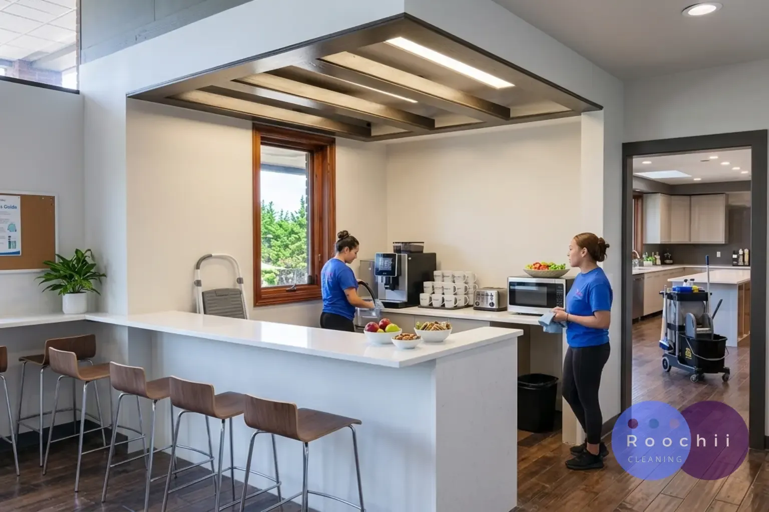 Commercial cleaning professionals maintaining an office workspace and employee breakroom with best commercial cleaning services in Denver.