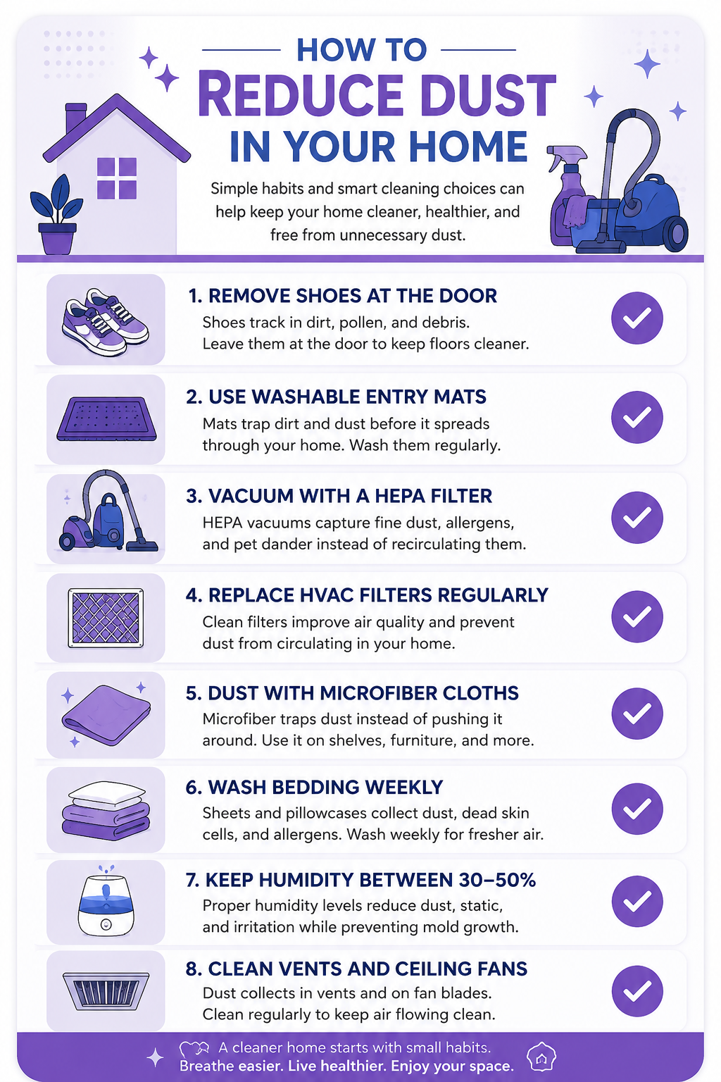 Checklist infographic with practical tips to reduce dust in Colorado homes, including entryway habits, air filtration, regular cleaning, and other preventive measures.