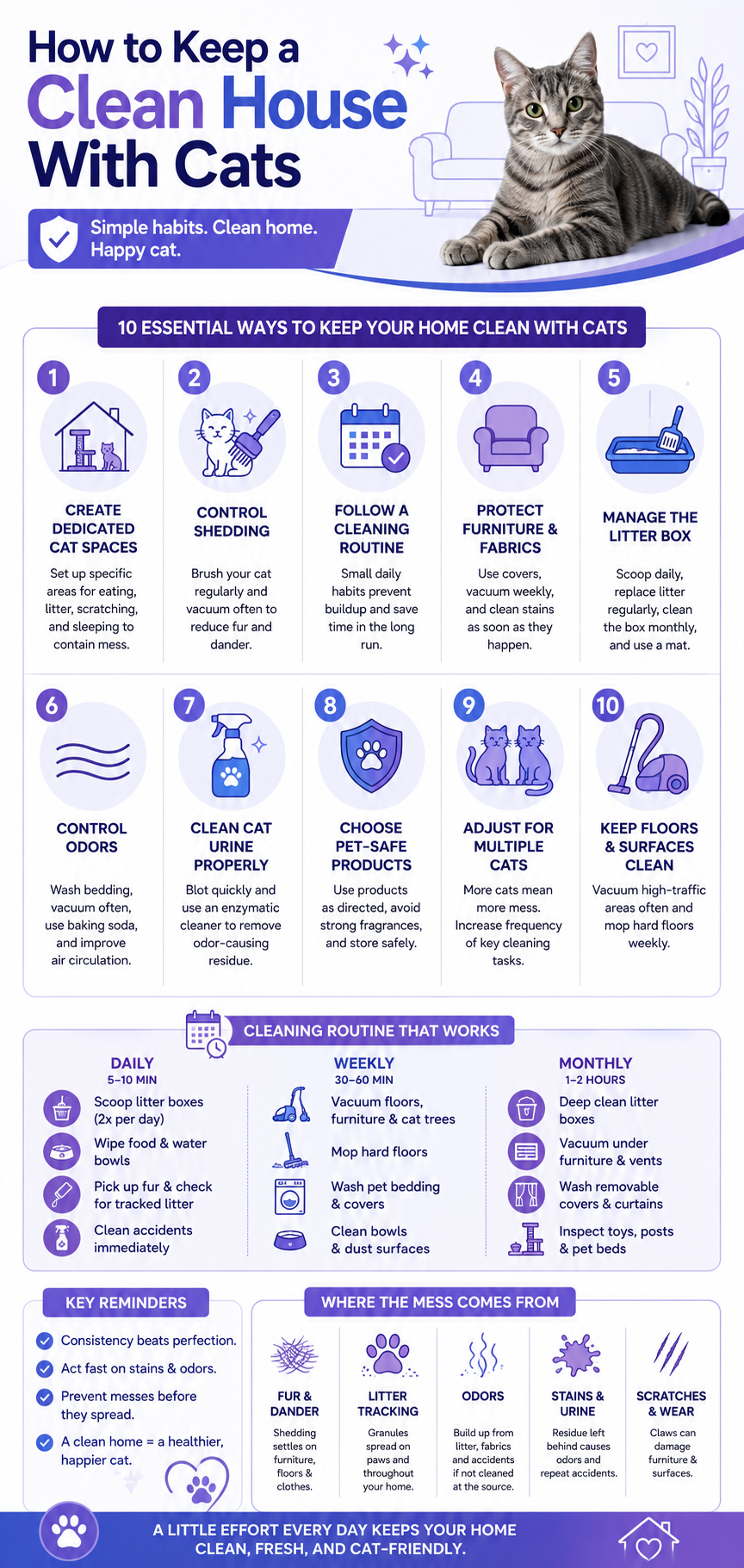 Infographic summarizing how to keep a clean house with cats through daily cleaning habits, litter box maintenance, fur control, odor prevention, and smart home care tips.