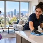 Professional cleaning team working in a modern Denver apartment