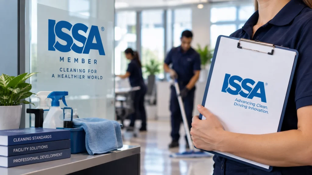 What Is an ISSA Firm? What It Means for Cleaning Companies 1 ISSA member cleaning professional holding a clipboard in a commercial cleaning facility