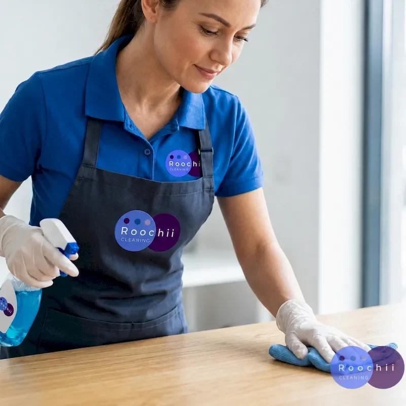 Commercial cleaning team dusting a business desk in a Colorado office.