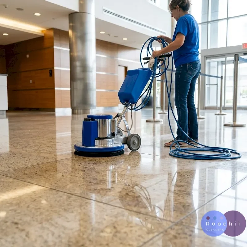 Commercial floor cleaning technician polishing a lobby floor in a Colorado business