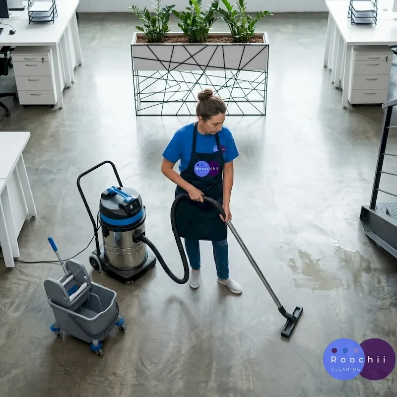 Commercial cleaning technician vacuuming an office floor in Colorado
