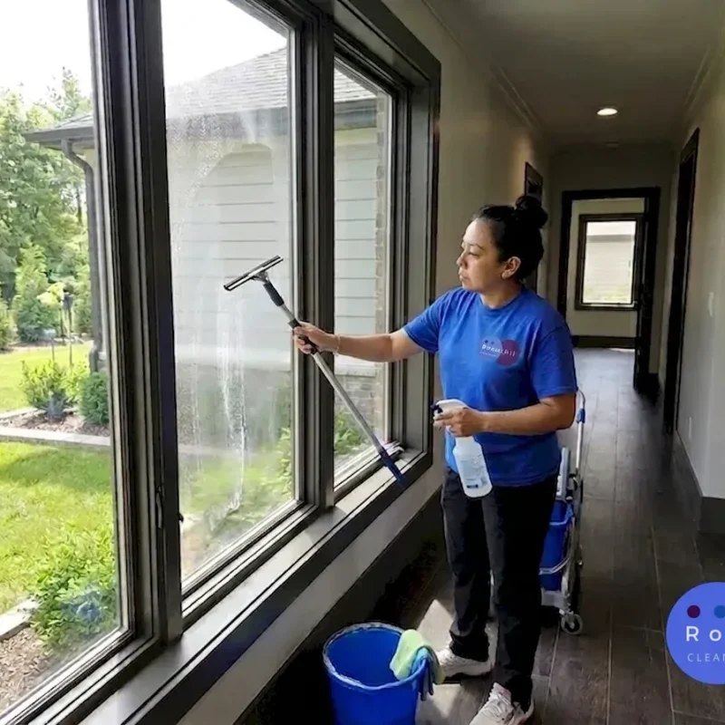 Professional cleaner wiping a large window inside a Colorado home.